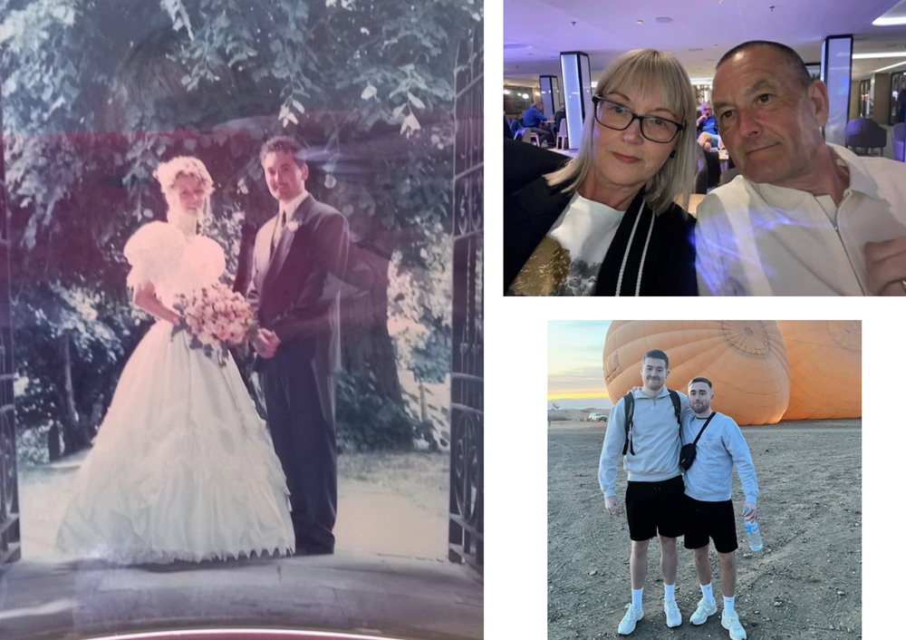 A three-photo collage showing moments from Jeff Mill's family life. On the left is a photograph from Jeff and his wife Melaine's wedding day, with the couple standing outdoors together - she is in a full wedding gown holding a bouquet, and he in a suit. Top-right image shows Jeff and Melaine in more recent years, seated together indoors. The bottom-right image shows their two sons, Brenig and Rhys, standing side by side outdoors in front of a large inflated hot-air balloon.