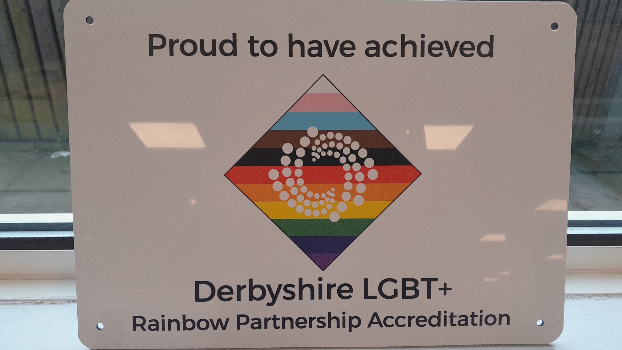 Our rainbow LGBT+ partnership accreditation plaque, symbolizing our commitment to inclusivity and diversity. The pride colours feature in the middle of the plaque within a square.