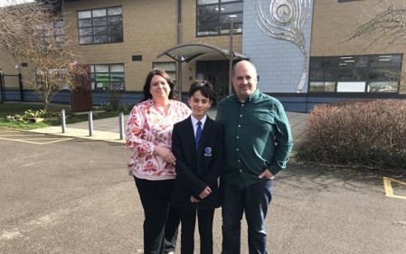 Jack stood with parents. From left to right is mum, Heidi Thompson, Jack Thompson and dad, Rob Thompson, all smiling.