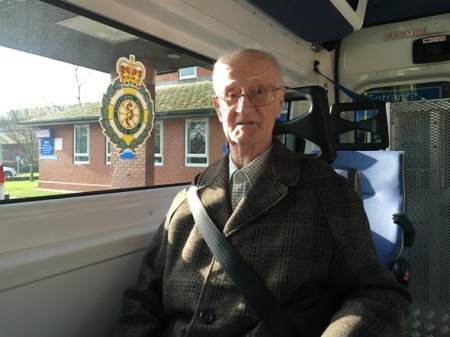 John Shotton in the ambulance ready to go home